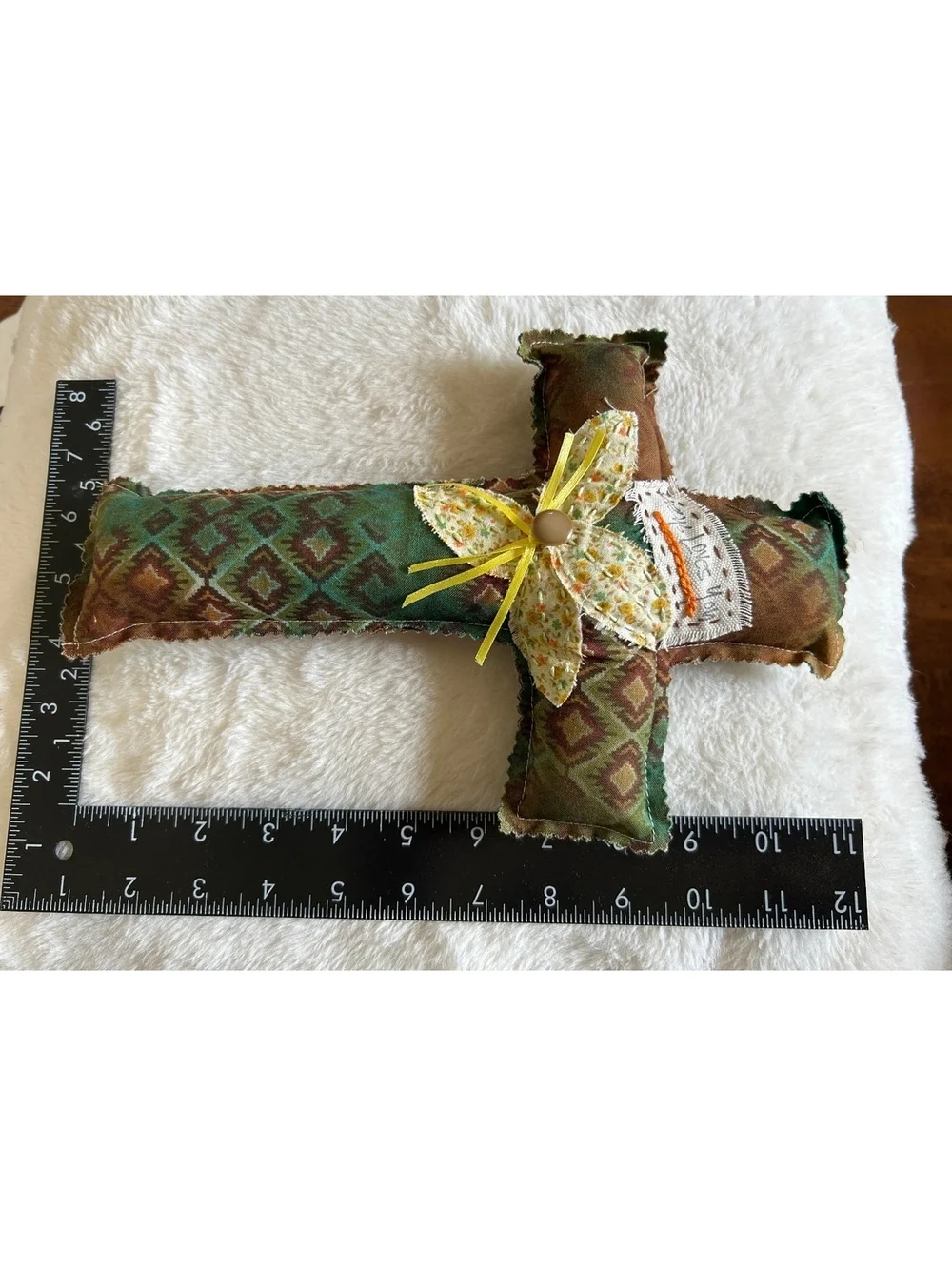 Handcrafted Decorative Fabric Cross with Floral Accent and 'Jesus Loves You' Tag